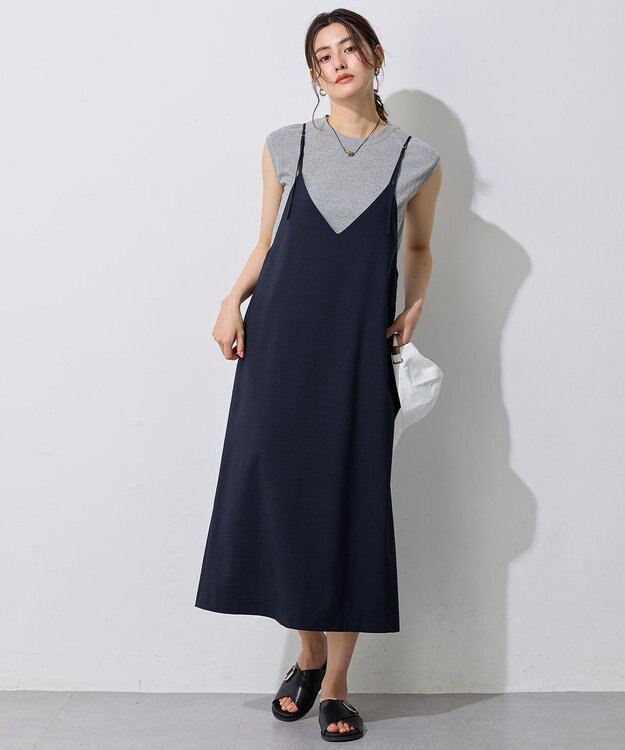 ANY L 【洗濯機可/セットアップ可/UVケア/速乾/イージーケア】サラサラテックリネンキャミソールワンピース ネイビー