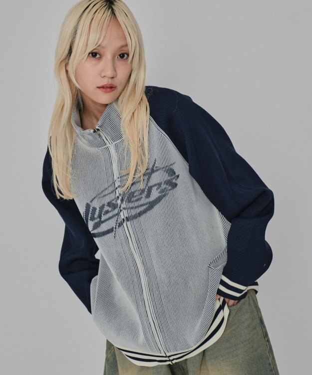 WEGO 【ユニセックス着用ITEM/MLサイズ展開】ラグラングラフィックニットブルゾン オフホワイト