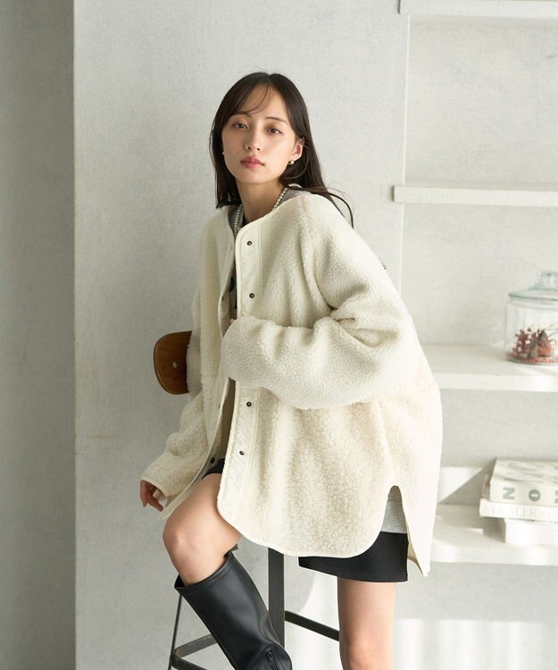 earth music&ecology 粒違い切替ボアブルゾン Ivory