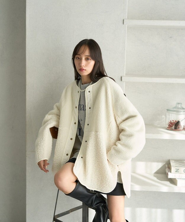 earth music&ecology 粒違い切替ボアブルゾン Ivory