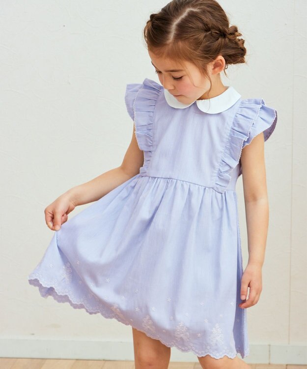 ANY KIDS コードレーン 裾刺繍 ワンピース サックスブルー