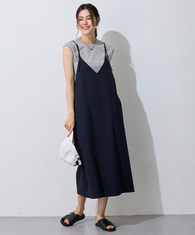 ANY L 【洗濯機可/セットアップ可/UVケア/速乾/イージーケア】サラサラテックリネンキャミソールワンピース ネイビー