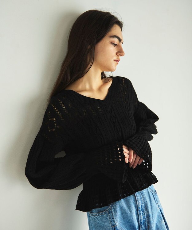 GRACE CONTINENTAL レース編ルーズニットトップ ブラック