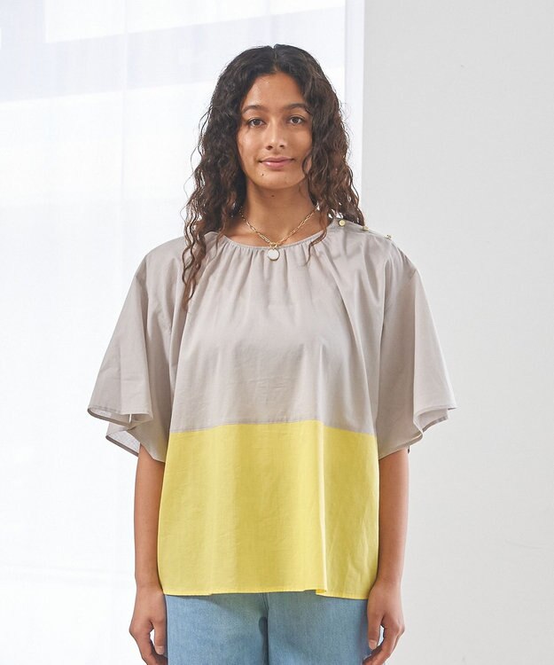 J.PRESS YORK STREET 【WOMEN】バイカラーギャザー ブラウス ライトグレー系1