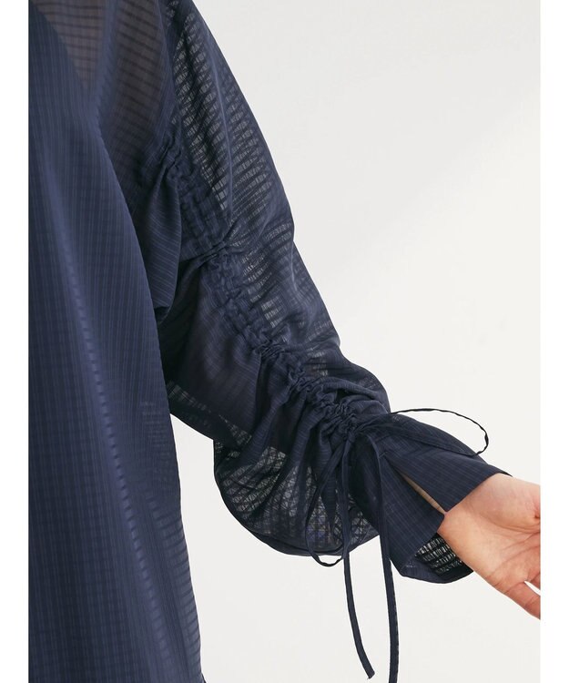 Green Parks シアーチェック袖ドロストシャツチュニック Dark Navy