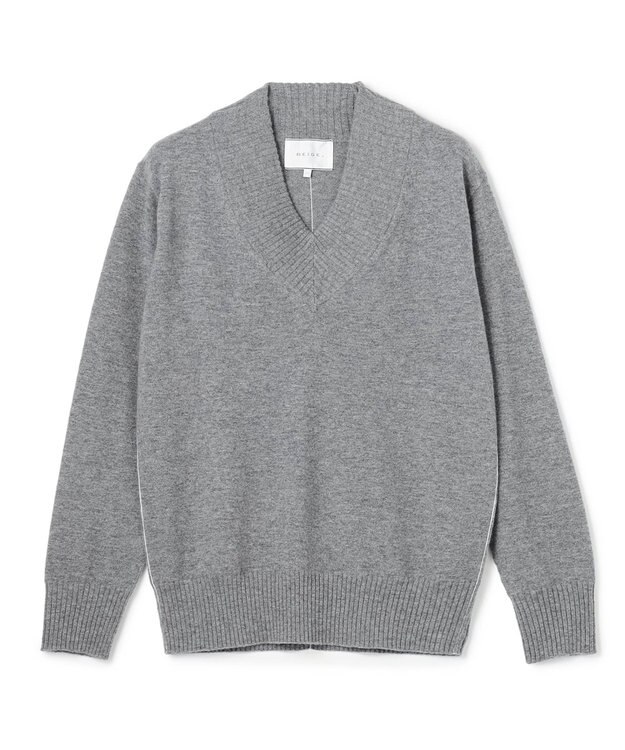 BEIGE， 【洗える】POMPE / ウールカシミヤ配色ラインVネックニット Charcoal×Off