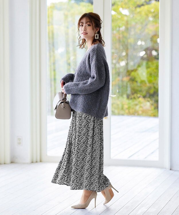 Tiaclasse L 【洗える】表情豊かなVネックMIX糸オーバーニット ブルーグレー