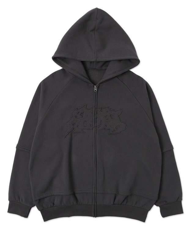 WEGO 【ユニセックス着用ITEM】ダメージアップリケレイヤードZIPパーカー スミクロ