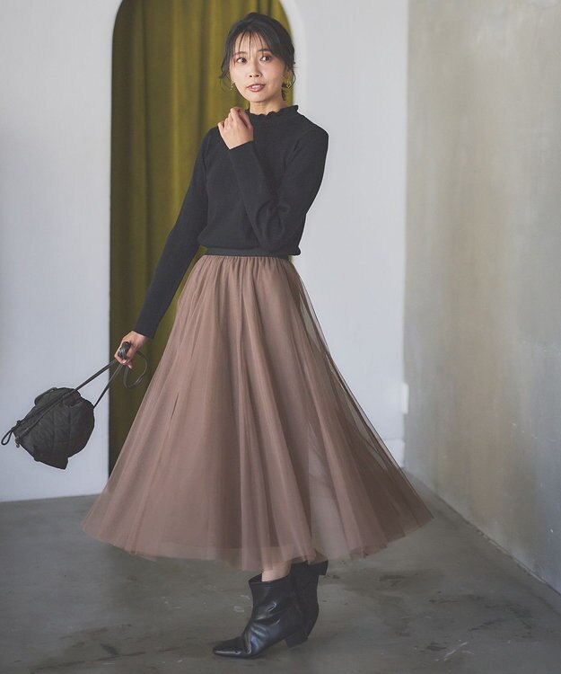 ANY 【洗濯機可/吸湿発熱】フリルネックリブニット ブラック