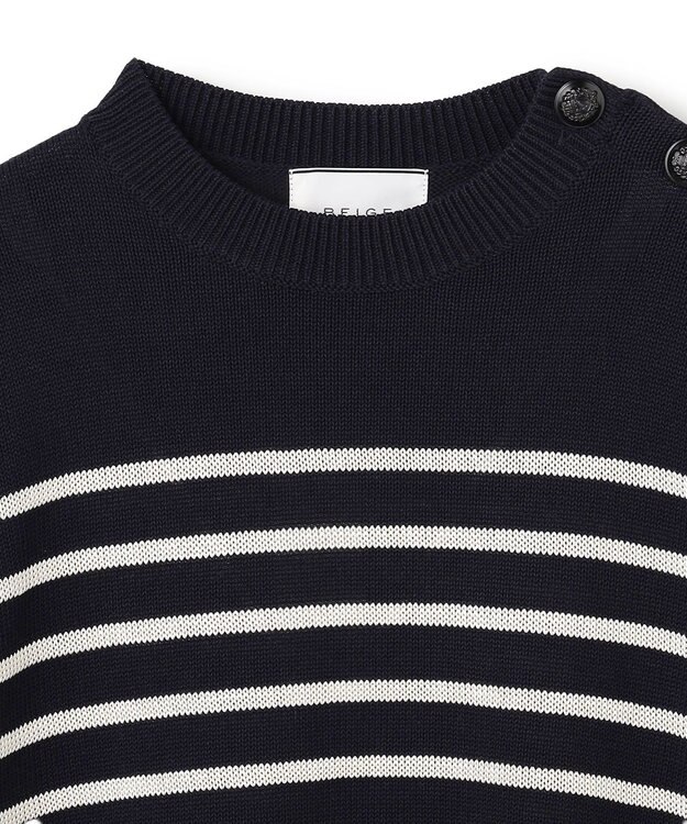 BEIGE， HELIODOR / レーヨンボーダーマリンボタンニット Navy × Ecru