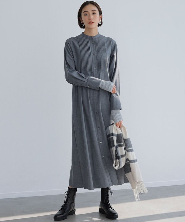 23区 L 【CLASSY.コラボ/洗える】ウールストレッチツイル ピンタック ワンピース ライトグレー系