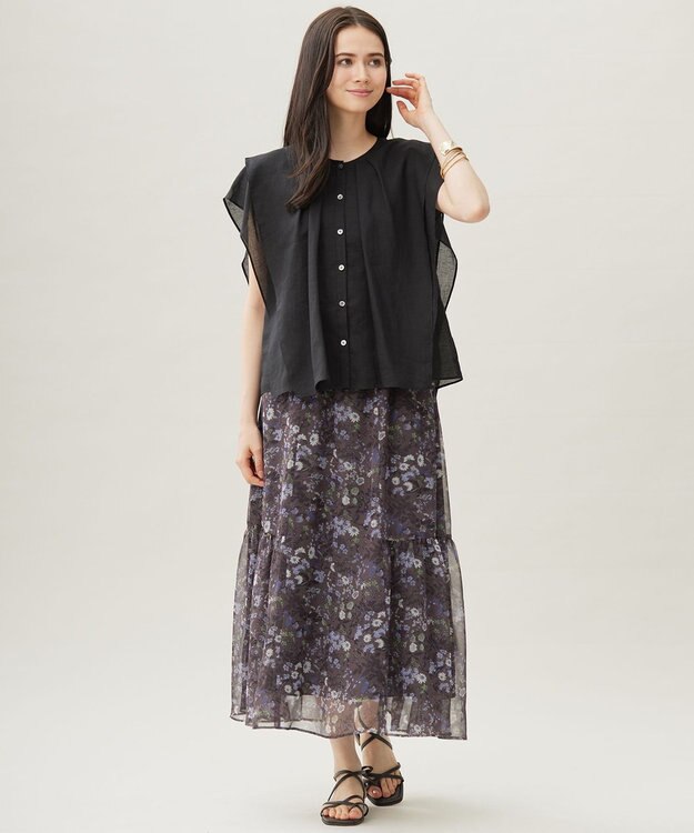 自由区 【セットアップ対応・洗える】ボタニカルフラワープリントティアード スカート セピア系