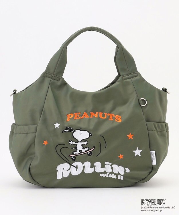 Y'SACCS SNOOPYデザイン サイドギャザー2wayトート　Mサイズ(スケートボード） カーキ