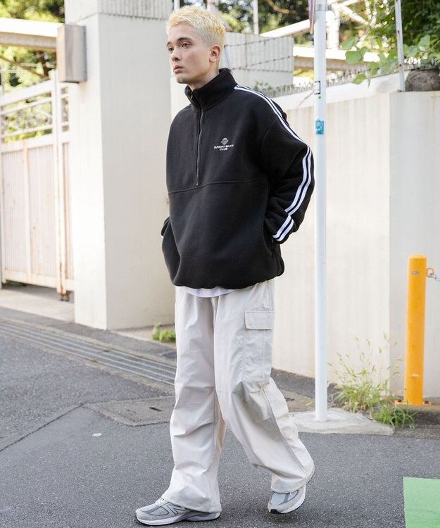 WEGO フリース ワンポイントハーフZIPプルオーバー ブラック