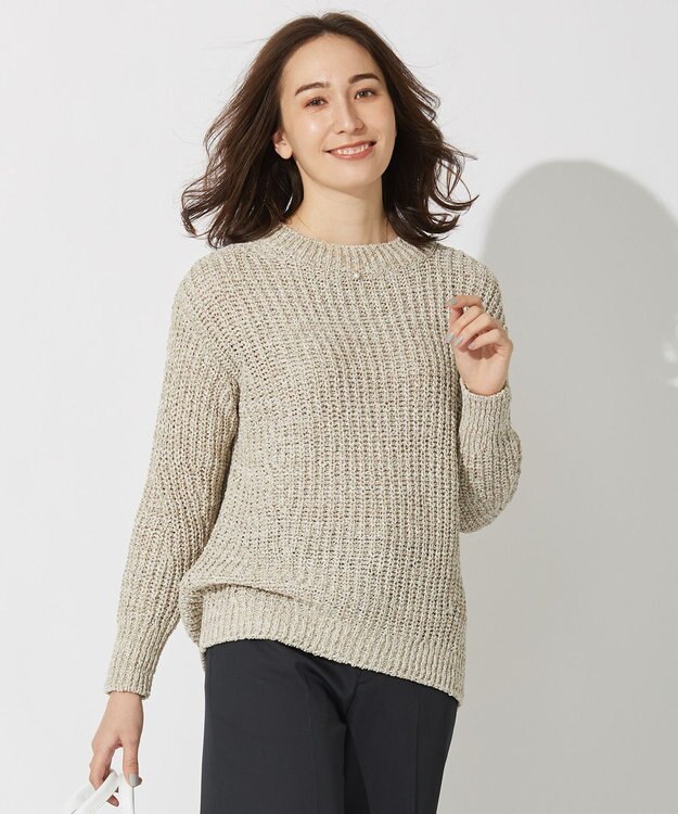 自由区 L 【洗える】コットンラッセル ボートネックニット ベージュ系