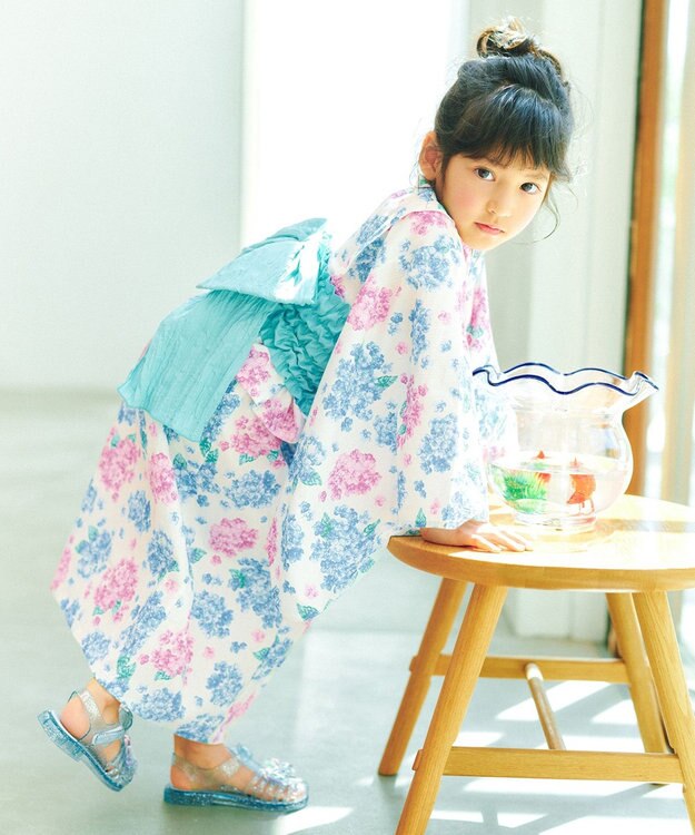 ANY KIDS 【洗濯機可能/簡単着付け】2WAY セパレート浴衣セット エクリュ×アジサイ