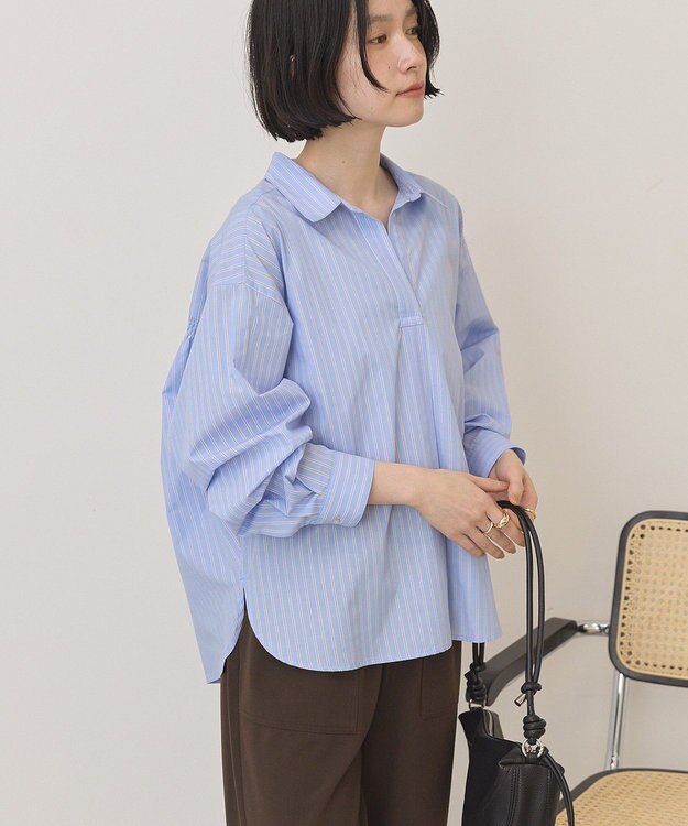 AMERICAN HOLIC 【イージーケア】バックギャザースキッパーシャツ Stripe Sax