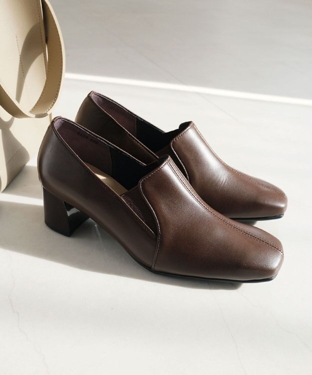 Pointer 日本製 滑り止めスクエアトゥサイドゴムパンプス ブラウン