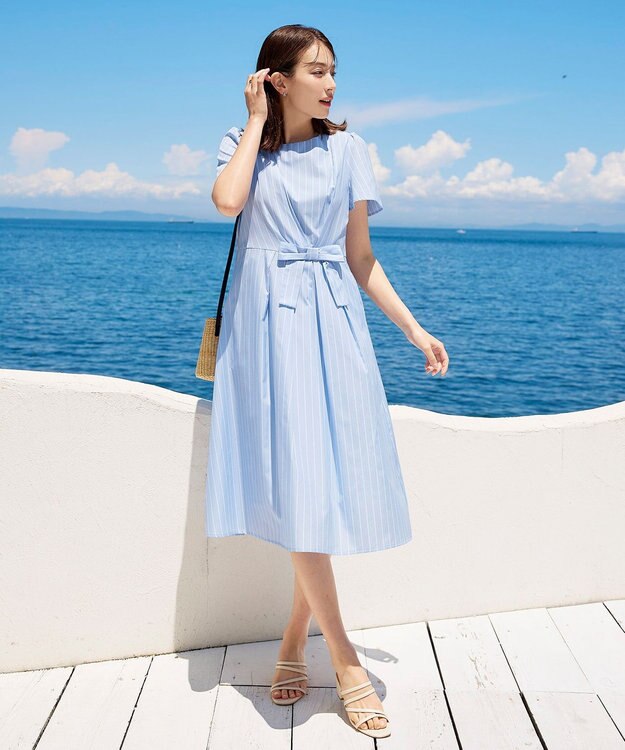 Tiaclasse 【洗える】ストライプアシンメトリーリボンワンピース サックス