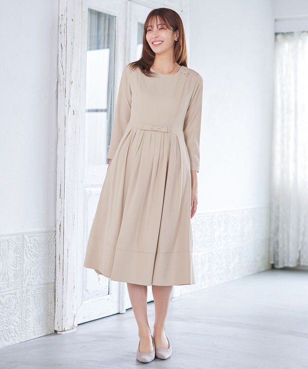 Tiaclasse L 【セレモニー・新色追加】リボンベルトフレアワンピース グレージュ