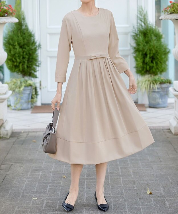 Tiaclasse L 【セレモニー・新色追加】リボンベルトフレアワンピース グレージュ