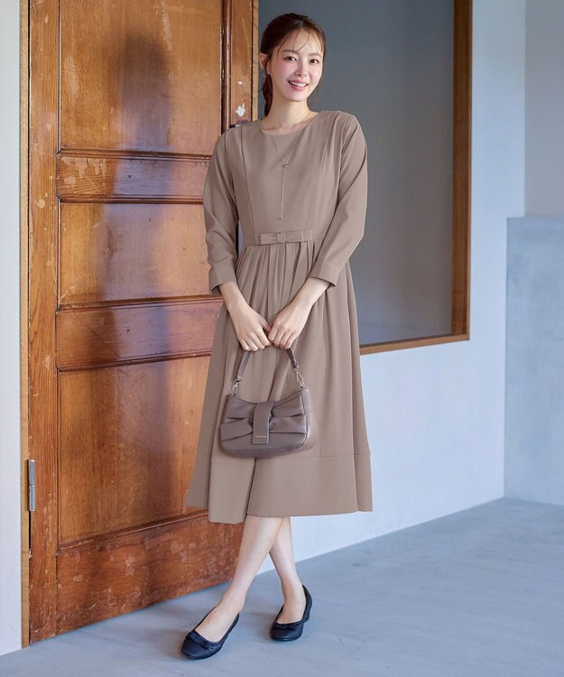 Tiaclasse L 【セレモニー・新色追加】リボンベルトフレアワンピース モカ