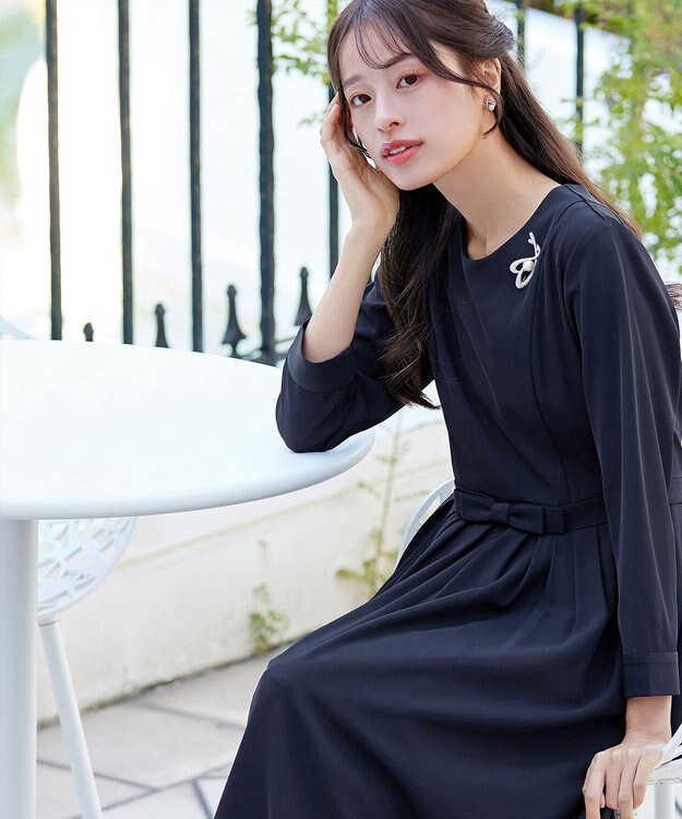 Tiaclasse L 【セレモニー・新色追加】リボンベルトフレアワンピース ネイビー