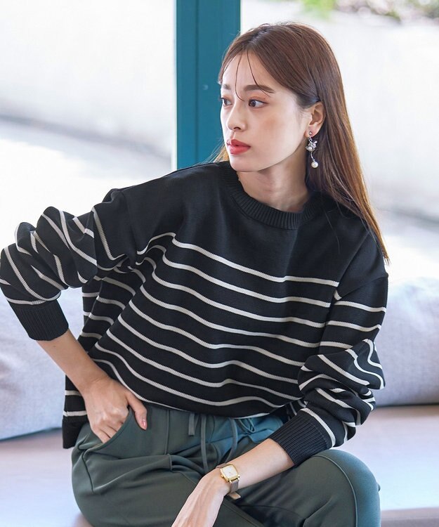 Tiaclasse 【洗える】ボーダー柄スポンジニットトップス ブラック