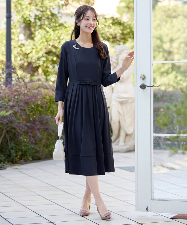 Tiaclasse L 【セレモニー・新色追加】リボンベルトフレアワンピース ネイビー