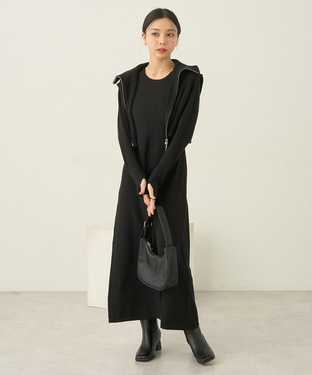 earth music&ecology ＳＥＴ２点ＺＩＰベスト＋ニットワンピース Black