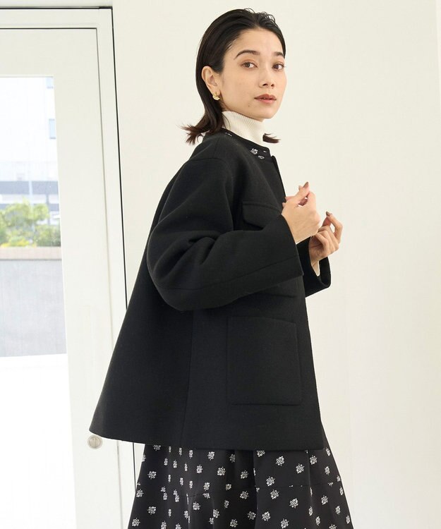 UNFILO ウールブレンド ノーカラーコート ブラック