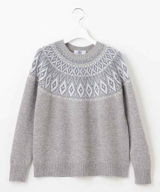 J.PRESS LADIES 【洗える】FAIR ISLE ラウンドネック ニット ライトグレー系