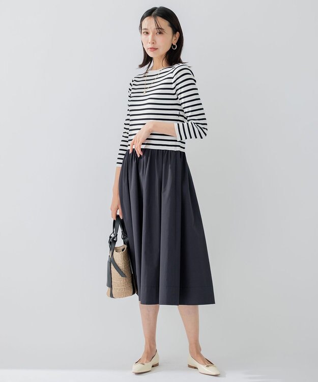 23区 【洗える】ハイカウントライトタフタ ドッキング ワンピース ホワイトベース×ブラックボーダー