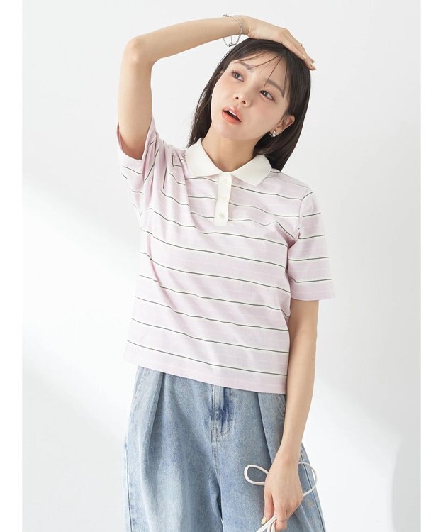 earth music&ecology 襟付きボーダープルオーバー Pink