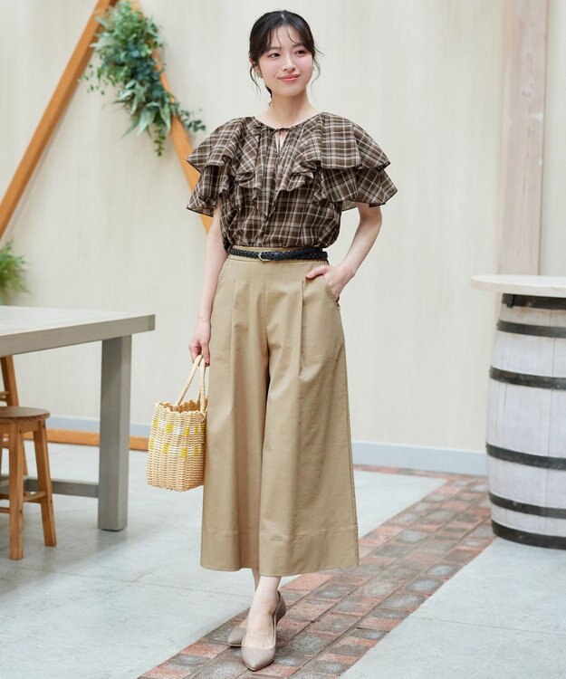 Tiaclasse ストレッチタックワイドパンツ ベージュ