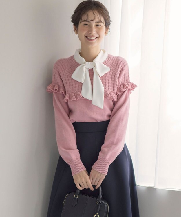 組曲 バスケット編みフリル ニット ピンク系