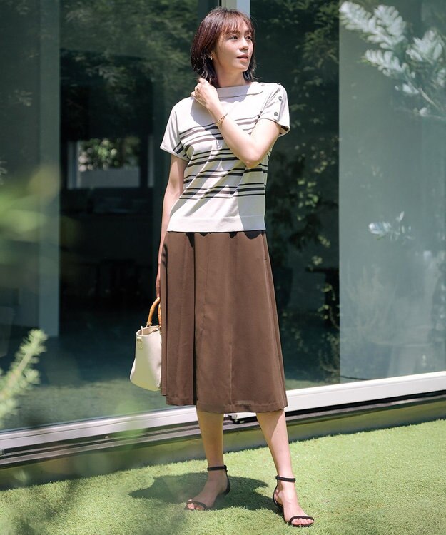 J.PRESS LADIES 【WEB限定カラーあり・洗える・抗菌防臭】COTTON POLYESTER ボーダー 襟付き ニット グレージュ×ブラウン系