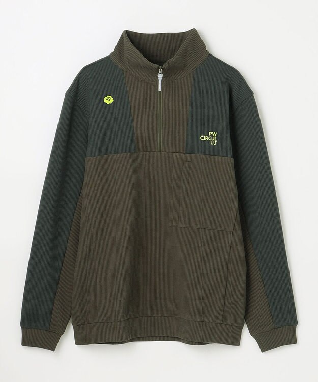 PW CIRCULUS 今が旬トップス！【ドライな肌触り / UV遮蔽率98.9% UVカット / ストレッチ】【MEN】ワッフルハーフジップトップス  ゴルフ カーキ系