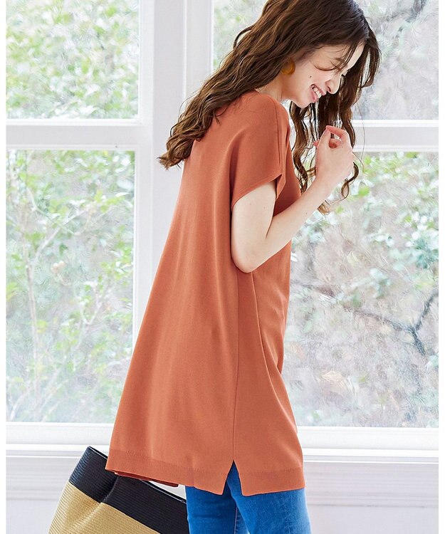 Tiaclasse L 【洗える】さらりと肌離れの良いフレンチスリーブニットチュニック オレンジ