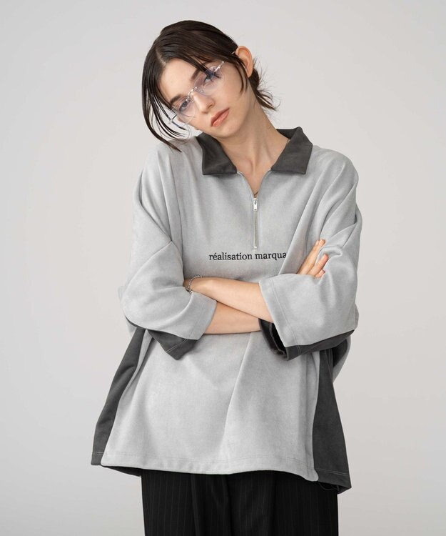 WEGO 【ユニセックス着用ITEM/MLサイズ展開】フェイクスウェードドルマンハーフZIPT（SS） ライトグレー