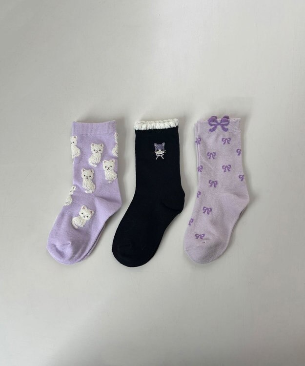ANY KIDS 【3点セット】ソックス （ネコ・リボン） ラベンダー