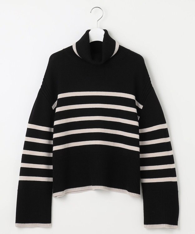 23区 【洗える】ウールミドルゲージ ボーダー ニット ブラック×ベージュボーダー