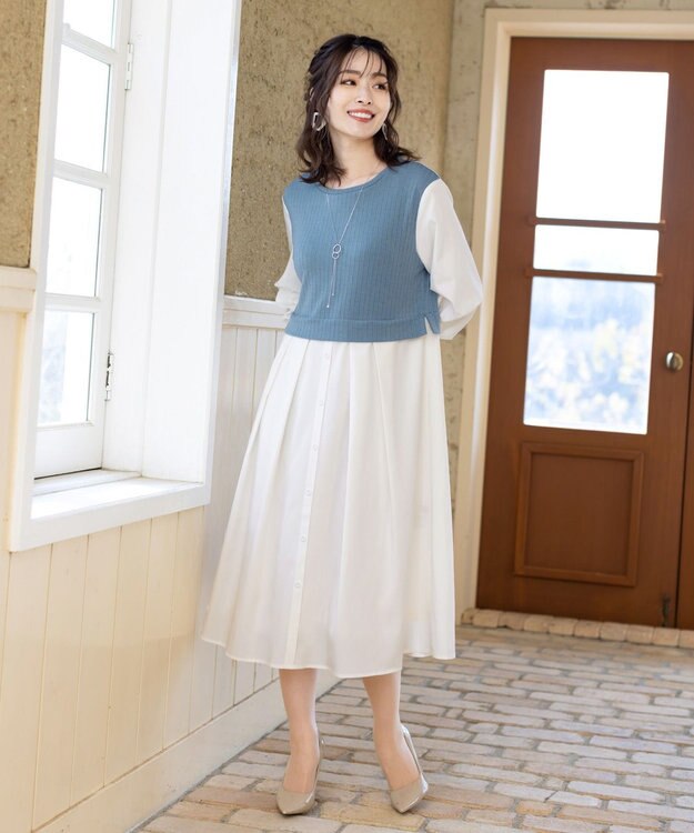 Tiaclasse 【洗える】一枚でコーデが決まるニットソーレイヤード風ワンピ ブルー×オフ