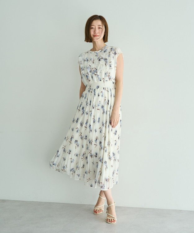 YECCA VECCA フラワー柄フリルプリーツワンピース Off White