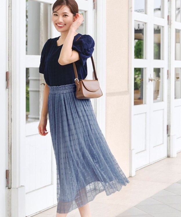 Tiaclasse 【洗える】チェック柄チュールレーススカート ブルー