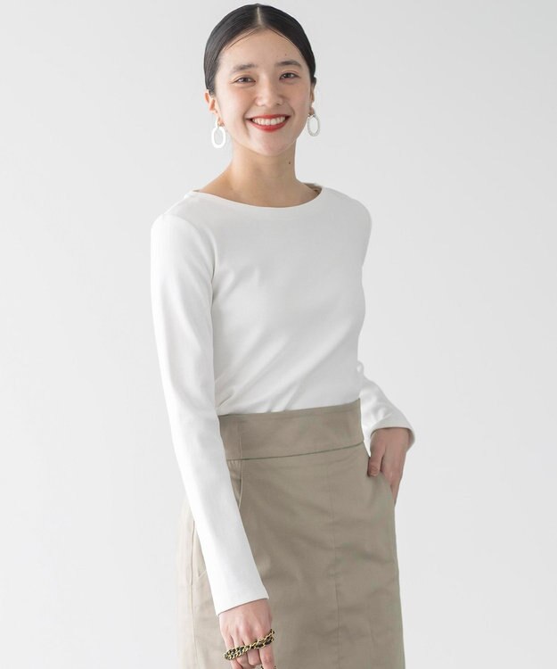 組曲 【ストレッチ・長袖】コットンフライス バスクTシャツ アイボリー系