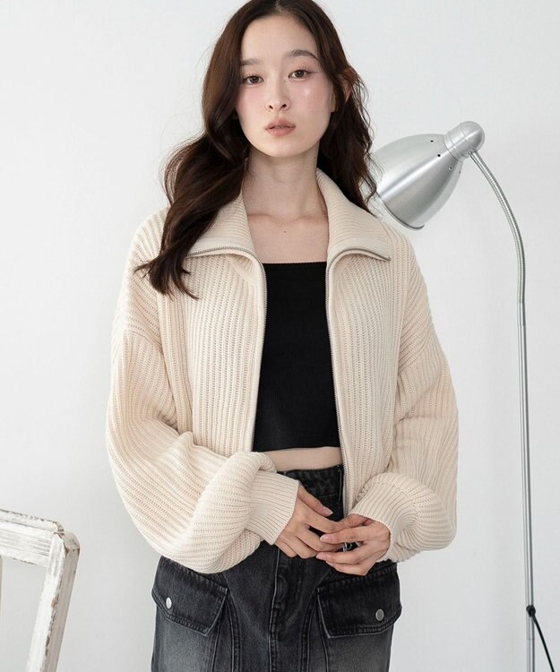 WEGO ダブルジップショートニットブルゾン ホワイトアイボリー