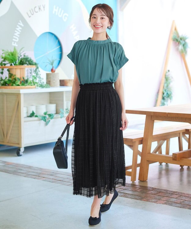 Tiaclasse 【洗える】チェック柄チュールレーススカート ブラック