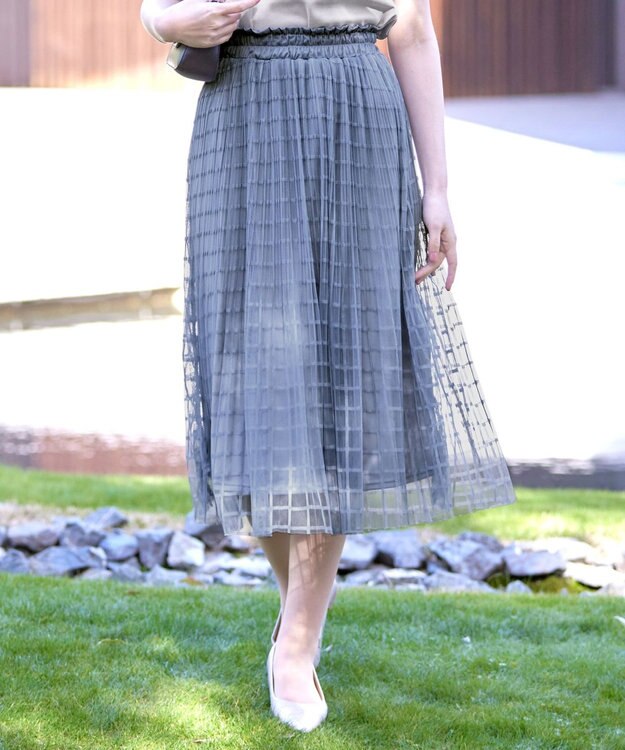 Tiaclasse 【洗える】チェック柄チュールレーススカート ブルー