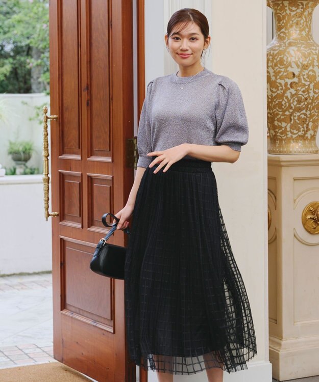 Tiaclasse 【洗える】チェック柄チュールレーススカート ブラック